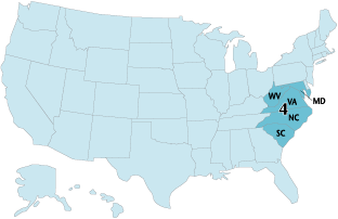 United States map showing the states within the 4th Circuit