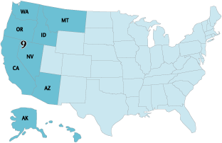 United States map showing the states within the 9th Circuit